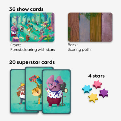 Includes 36 show cards: the front shows a forest clearing with stars and the back is used as a scoring path, 20 superstar cards, and 4 wooden star pieces
