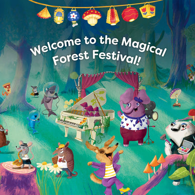 Animals celebrating a festival in a colorful forest with musical instruments and decorations with the words "Welcome to the Magical Forest Festival!"