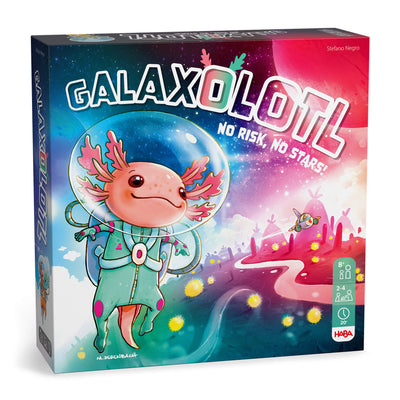 Board game box for 'Galaxolotl' with a cartoon axolotl character on a colorful space-themed background.