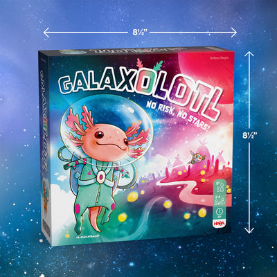 Board game box for 'Galaxolotl' with 8.5"x8.5" dimensions indicated on a starry background