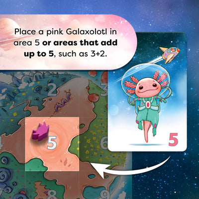 Card from the game Galaxolotl with a pink Galaxolotl character and game instructions on a space-themed background, text reads '