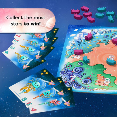 HABA Galaxolotl board game with cards and a board featuring numbers and stars, with text 'Collect the most stars to win!'.