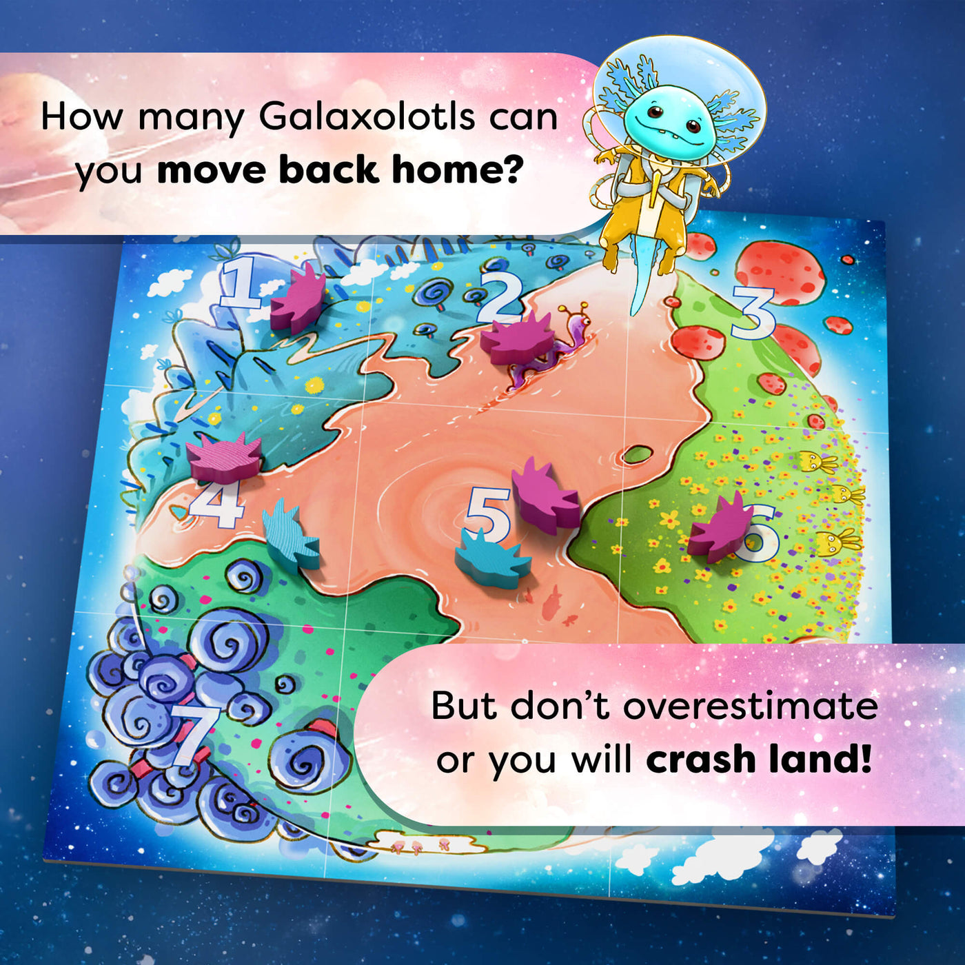 HABA Galaxolotl colorful board game with Galaxolotls and space-themed background, text reads 'How many Galaxolotls can you move back home? But don’t overestimate or you will crash land!'