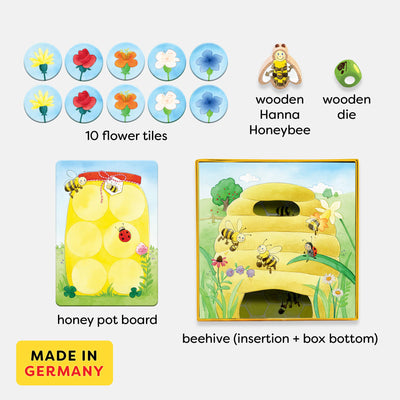 Game includes 10 flower tiles, wooden Hanna Honeybee, green wooden die, honey pot board, and beehive (insertion and box bottom) - made in Germany