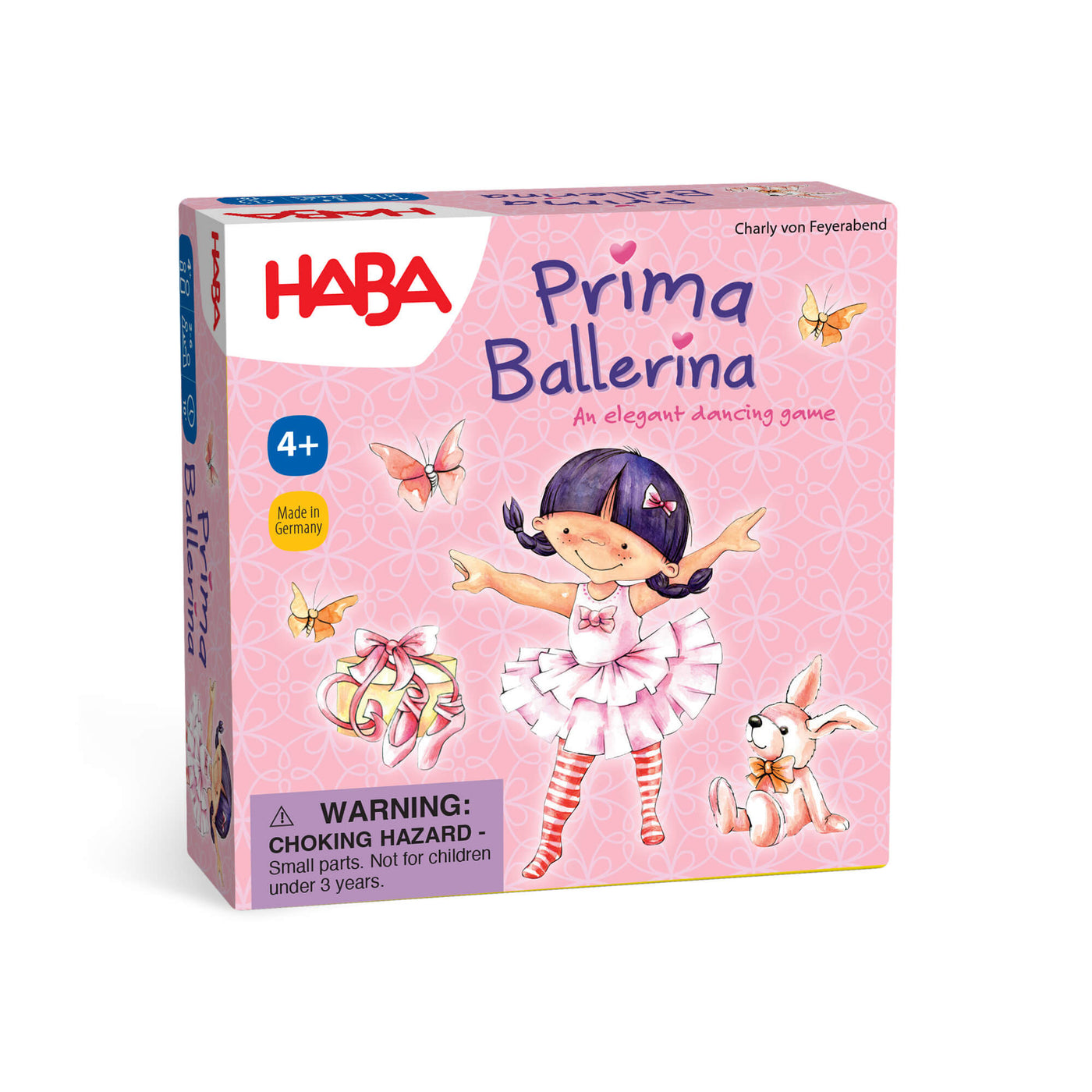 Prima Ballerina - an elegant dancing game box cover with an illustrated ballerina in a pink tutu with black braids and a pink bunny rabbit
