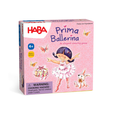 Prima Ballerina - an elegant dancing game box cover with an illustrated ballerina in a pink tutu with black braids and a pink bunny rabbit