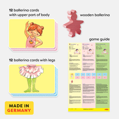 Prima Ballerina game pieces including 12 ballerina cards with upper part of body, 12 ballerina cards with legs, wooden ballerina, and game guide