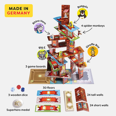 Rhino Hero Super Battle game components:  Batguin, Rhino Hero, Giraffe Boy and Big E. game pieces, 4 spider monkeys, 3 game boards, 3 wooden dice, 1 Superhero medal, 30 floor cards, 24 tall wall cards, and 24 short wall cards. Made in Germany