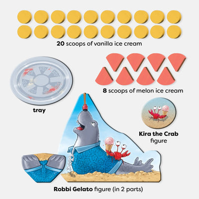 Robbi Gelato game features 20 yellow vanilla scoops, 8 pink melon scoops, a tray, Robbie Gelato figure, and Kira the Crab figure