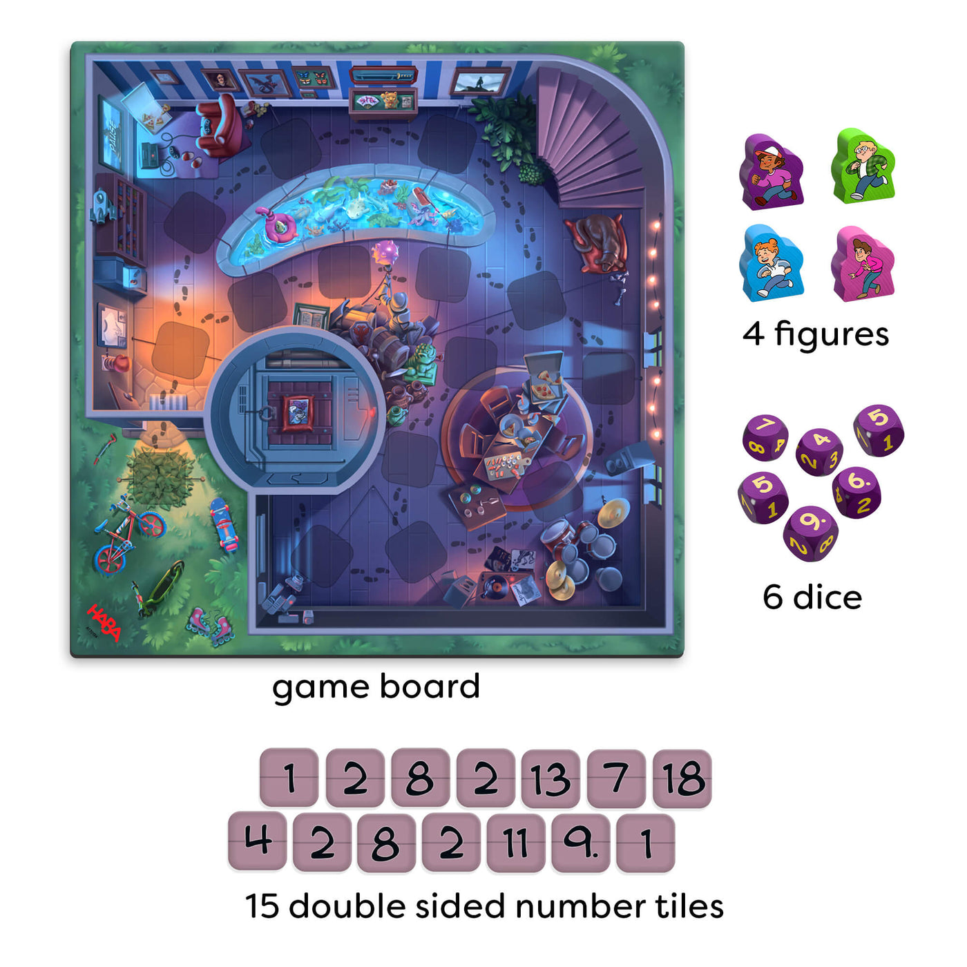 Secret Code 13+4 game components  featuring a game board, four colorful figures, six purple dice, and fifteen double-sided number tiles.