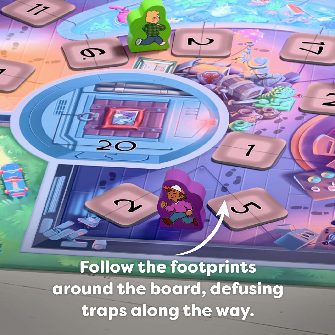 Follow the footprints around the board, defusing traps along the way.