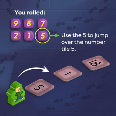 If you rolled a "5", use the 5 to jump over the number tile 5.