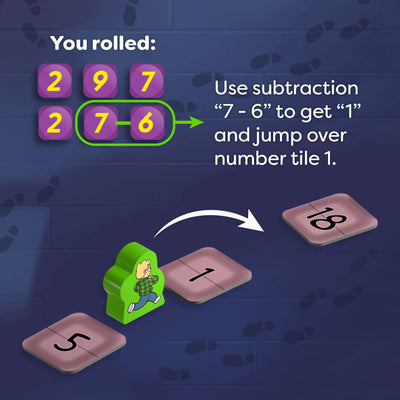 If you rolled a "7" and a "6", use subtraction “7 - 6” to get “1” and jump over number tile 1.