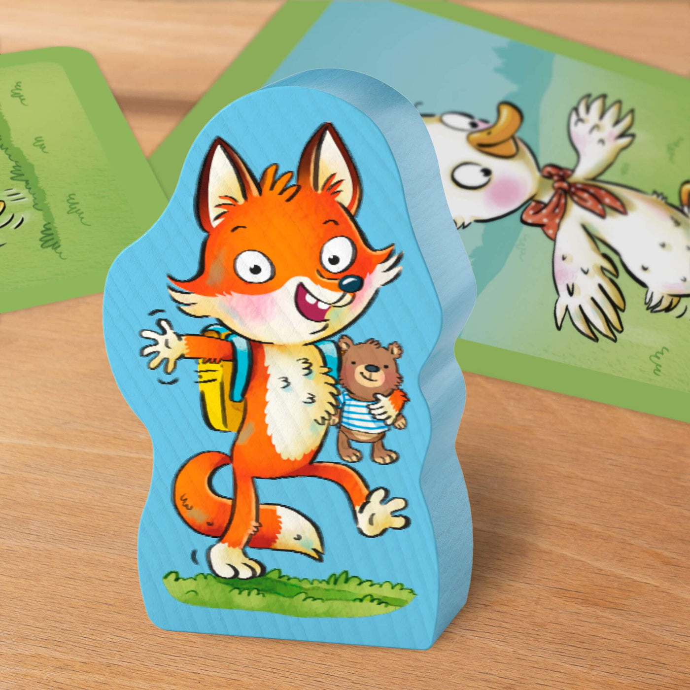 Wooden piece with fox illustration from Wiggle Waggle Geese Game