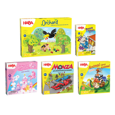 Orchard, Animal Upon Animal, Monza, Rhino Hero, and Unicorn Glitterluck: Cloud Stacking game boxes