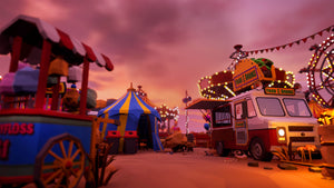 Carnival scene with a food truck, circus tent, and Ferris wheel at sunset.