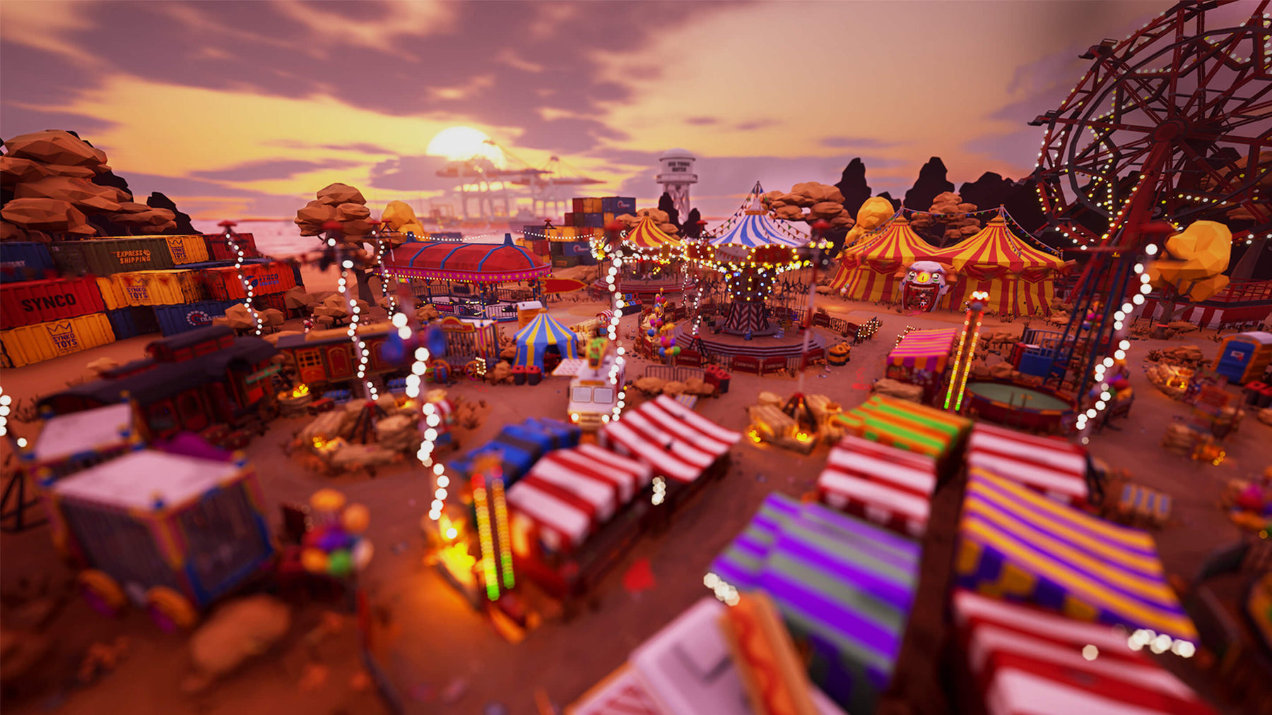 Carnival scene at sunset with a carousel, circus tent, and stalls under a glowing sky.