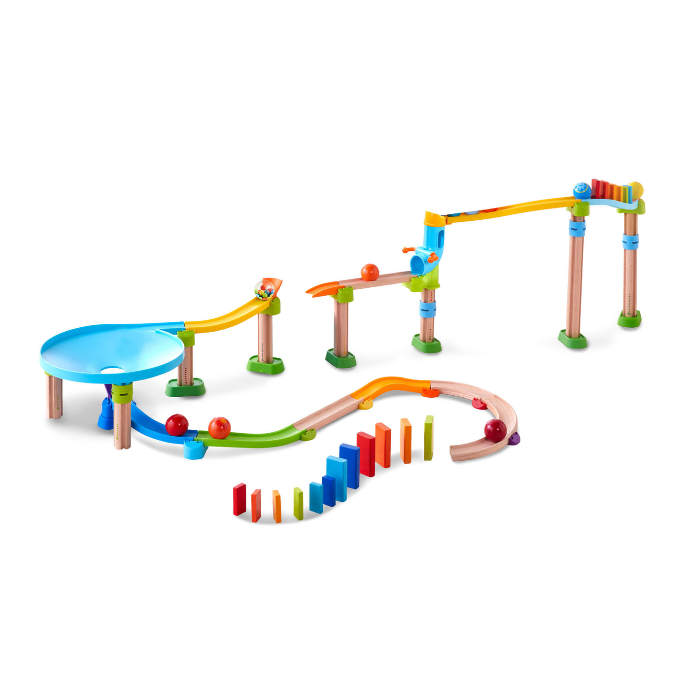Kullerbu Rainbow Run Bundle with dominoes, 7 balls, a funnel circle, and multi colored track