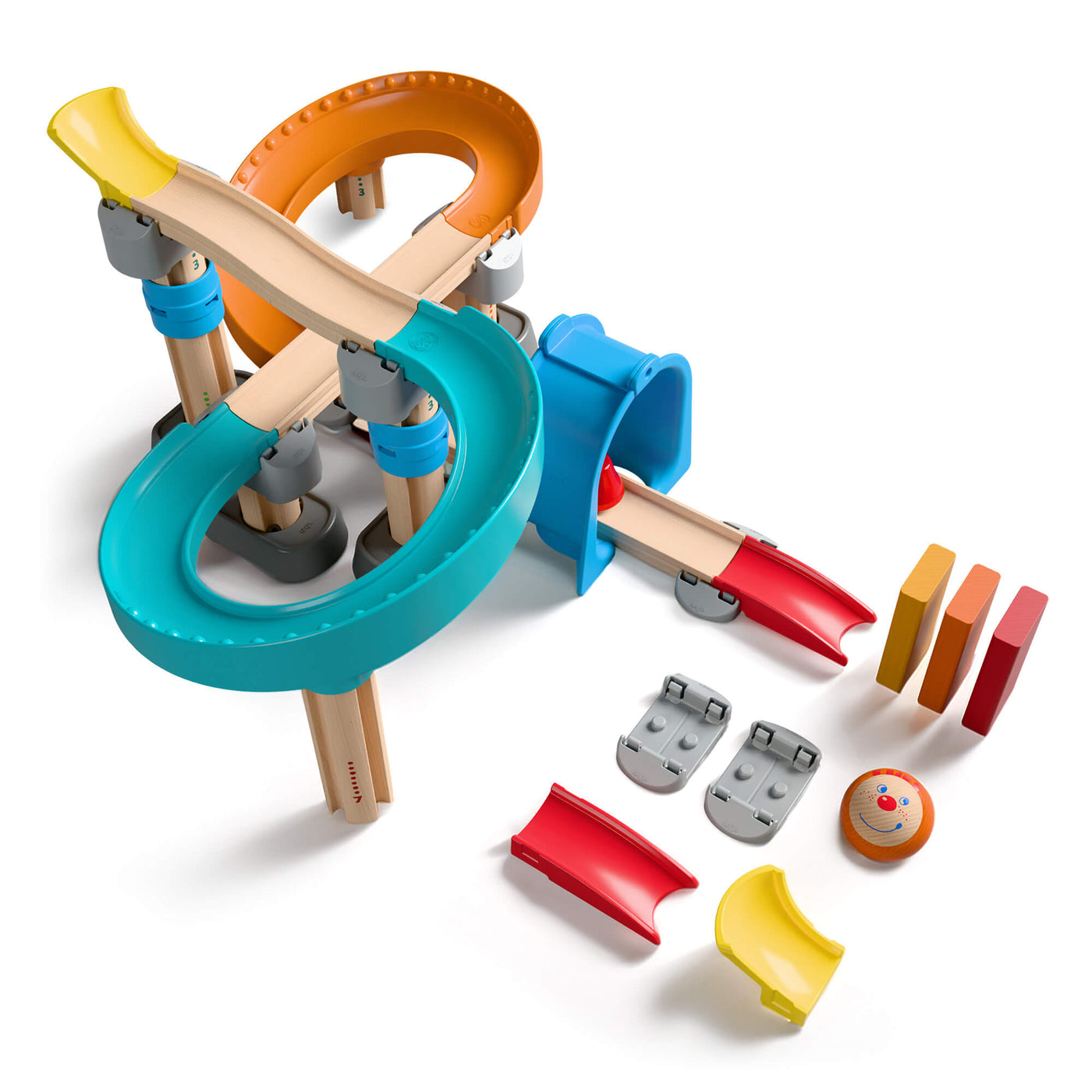 Kullerbu Colorful Curves - Build & Grow Ball Track Set with various pieces on a white background