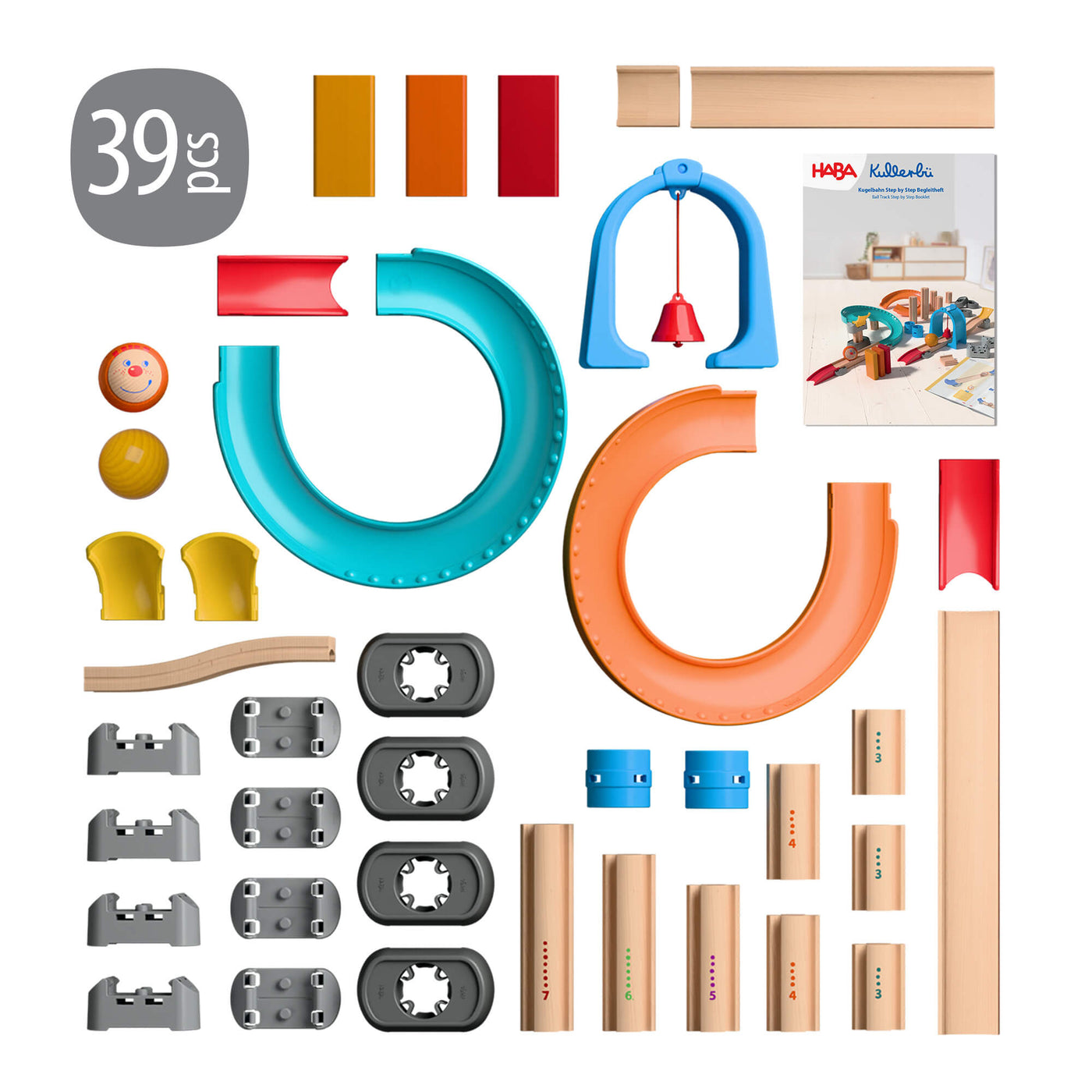 Kullerbu Colorful Curves - Build & Grow Ball Track Set components with 39 pieces indicated