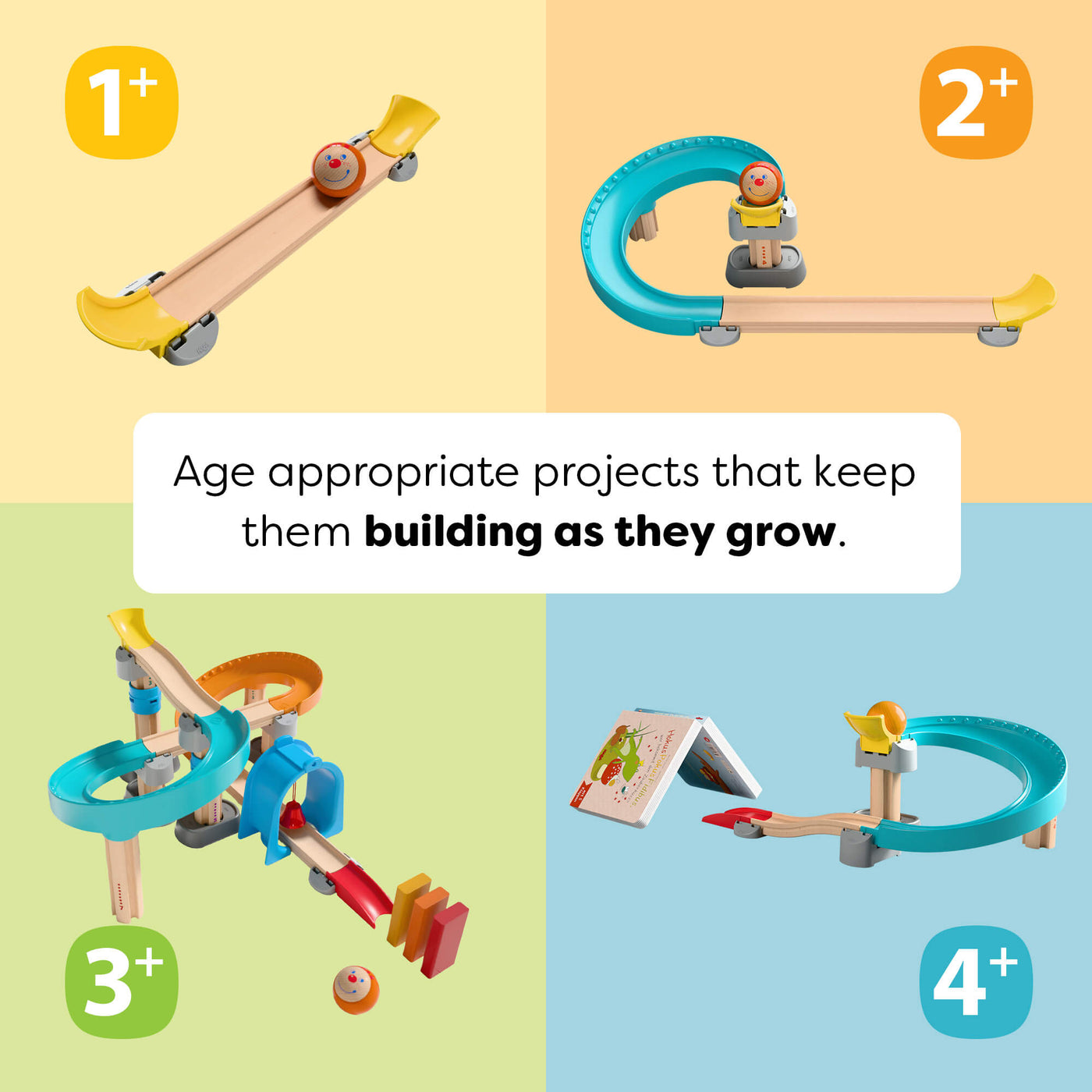 4 Kullerbu Colorful Curves - Build & Grow Ball Track Set builds with age recommendations on a colorful background. Text reads 'Age appropriate projects that keep them building as they grow.'