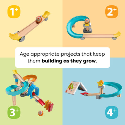 4 Kullerbu Colorful Curves - Build & Grow Ball Track Set builds with age recommendations on a colorful background. Text reads 'Age appropriate projects that keep them building as they grow.'