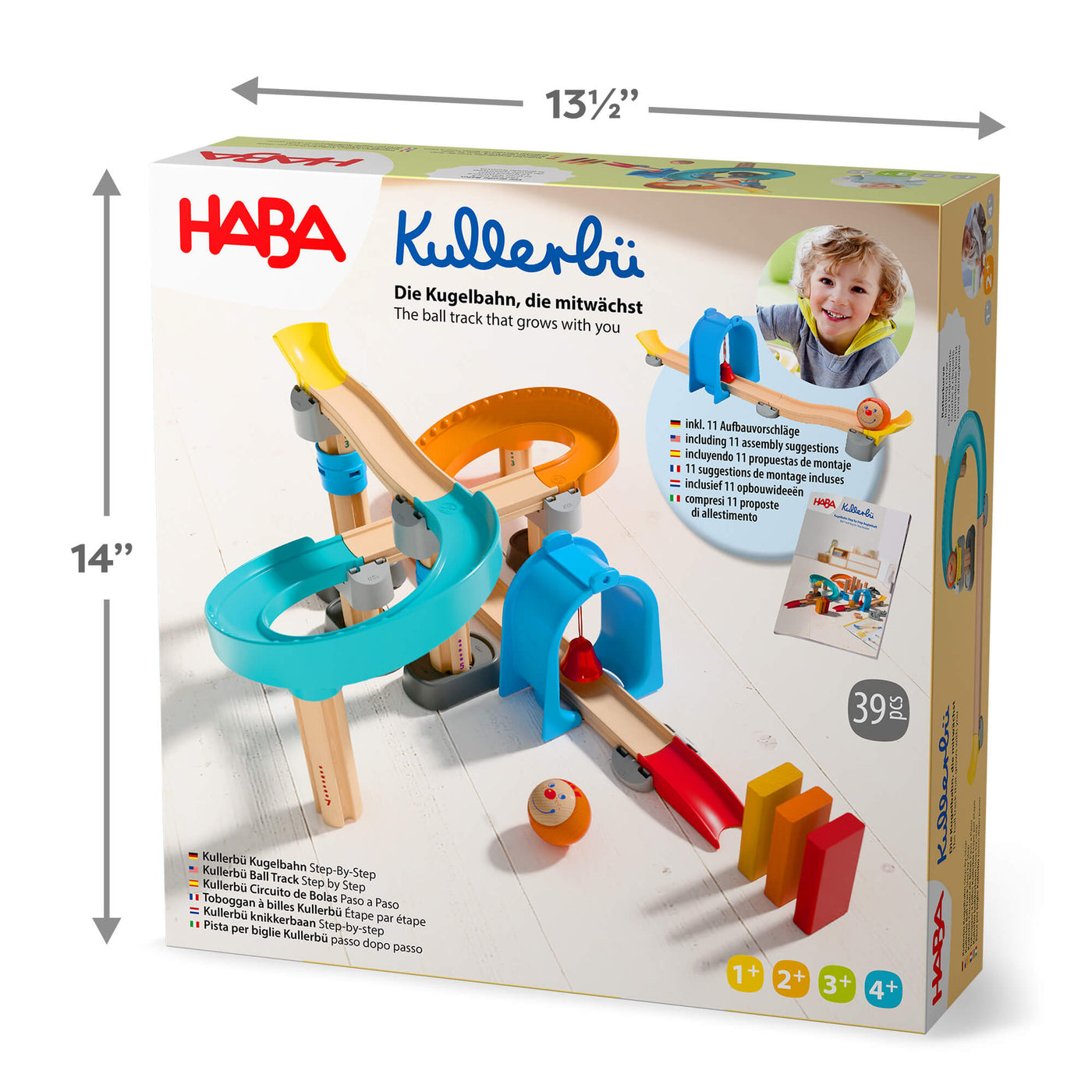 Close up Kullerbu Colorful Curves - Build & Grow Ball Track Set packaging with 14" x 13.5" dimensions and product details