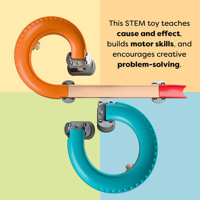 Colorful toy track on a multicolored background. Text reads 'This STEM toy teaches cause and effect, builds motor skills, and encourages creative problem-solving.'