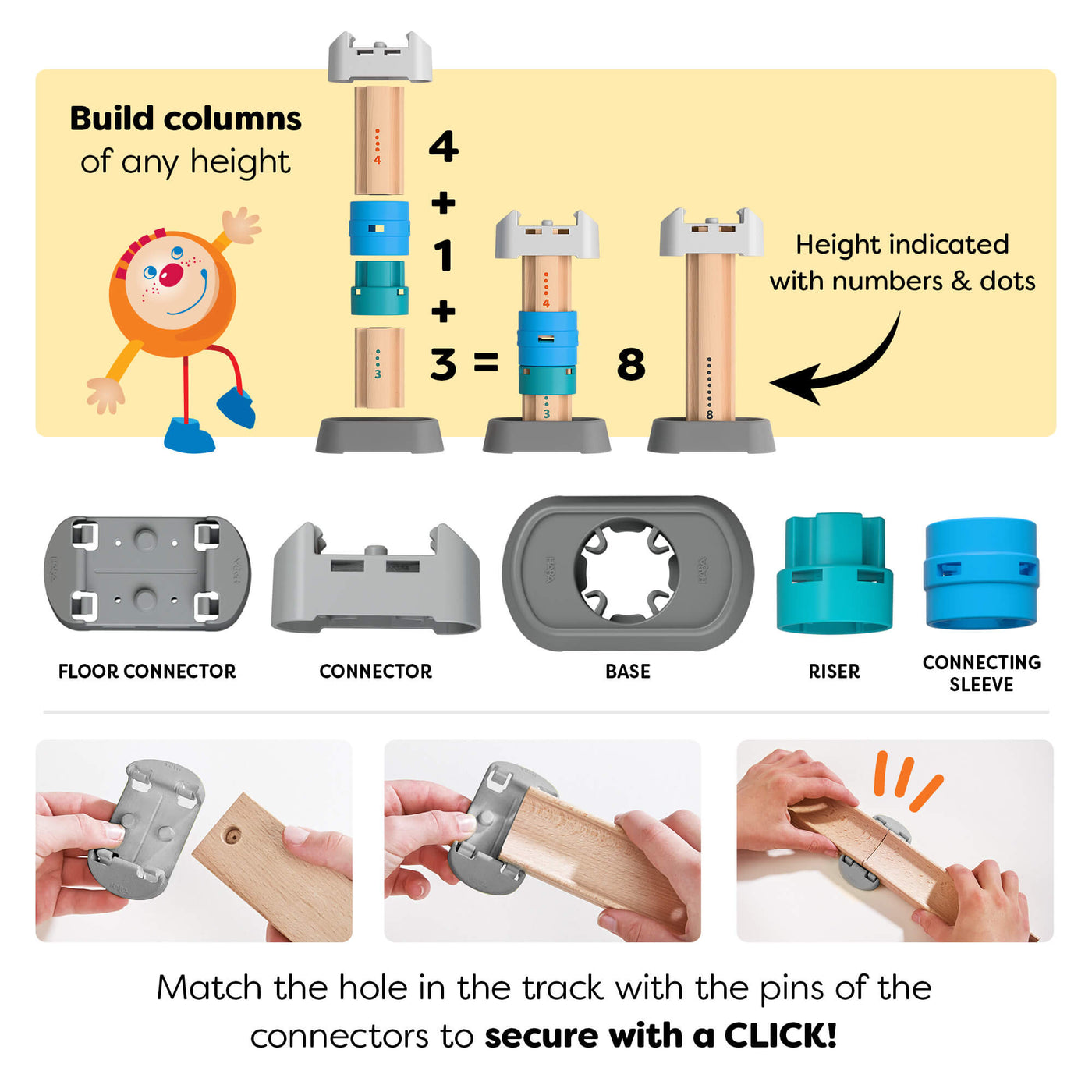Children's building toy set with components and assembly instructions on a yellow background