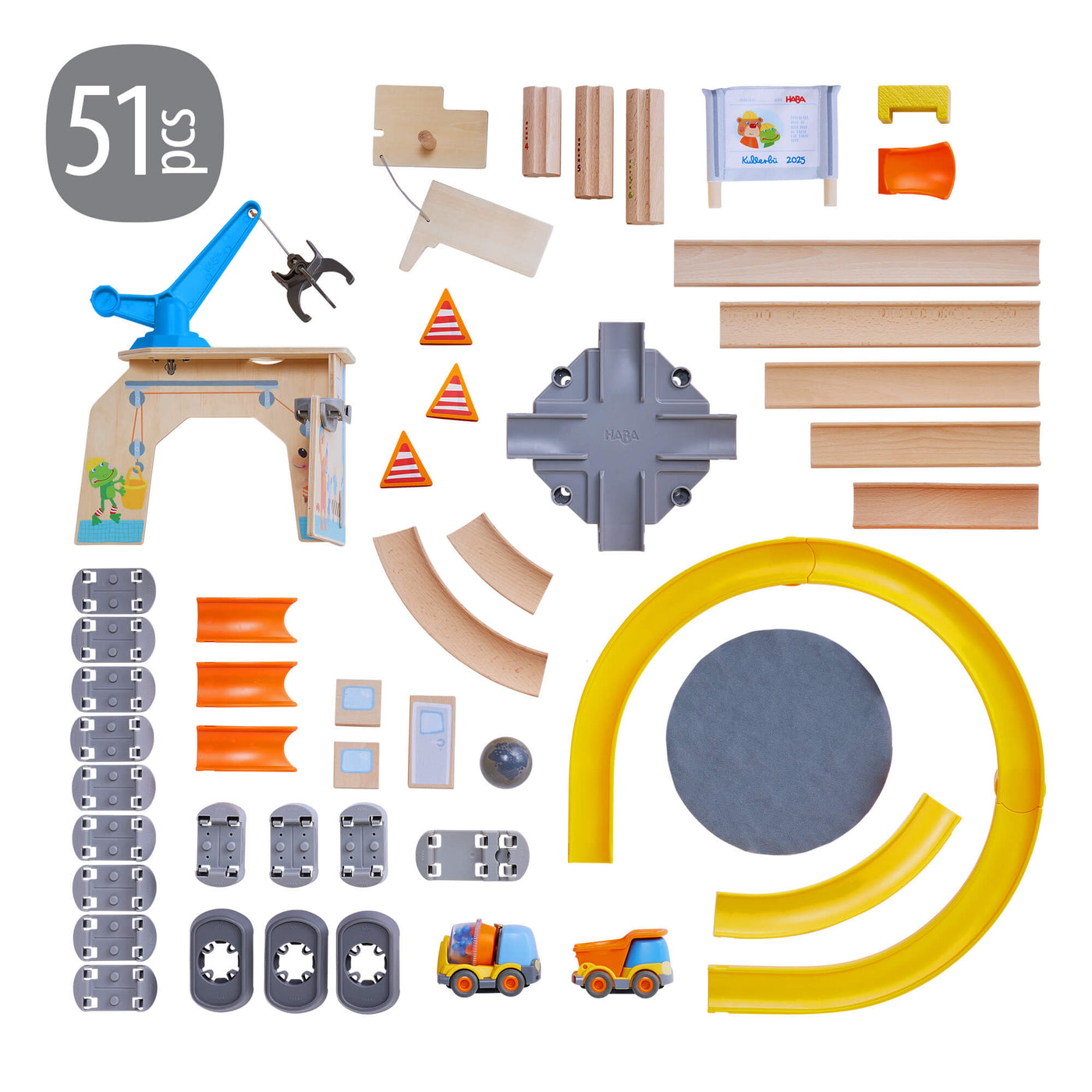 Kullerbu Construction Zone Play Track Set has 51 components including wooden and plastic pieces on a white background