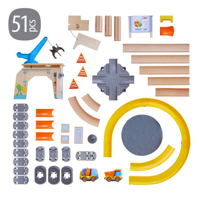 Kullerbu Construction Zone Play Track Set has 51 components including wooden and plastic pieces on a white background