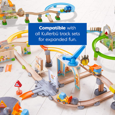 Kullerbu Construction Zone Play Track Set with compatible sets on a light wooden floor.