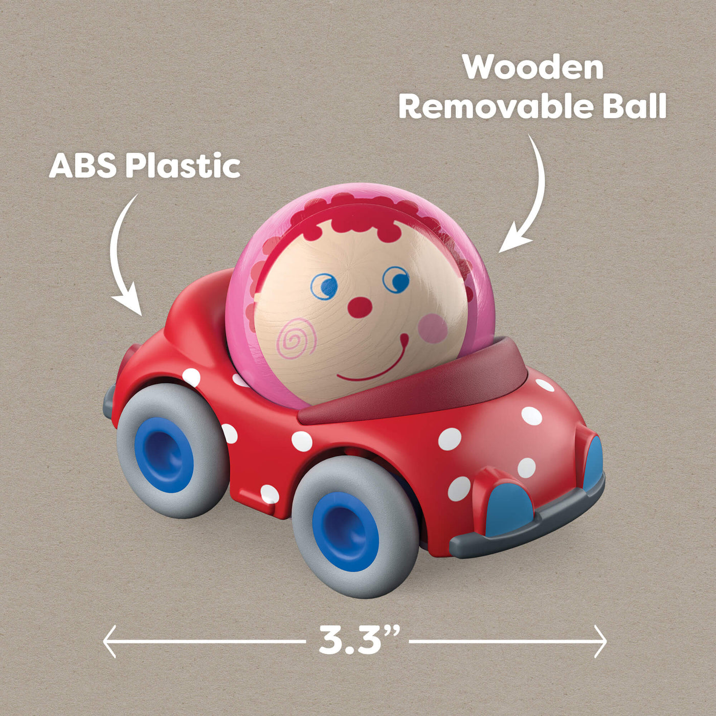 3.3" toy car made of ABS plastic with a removable wooden ball