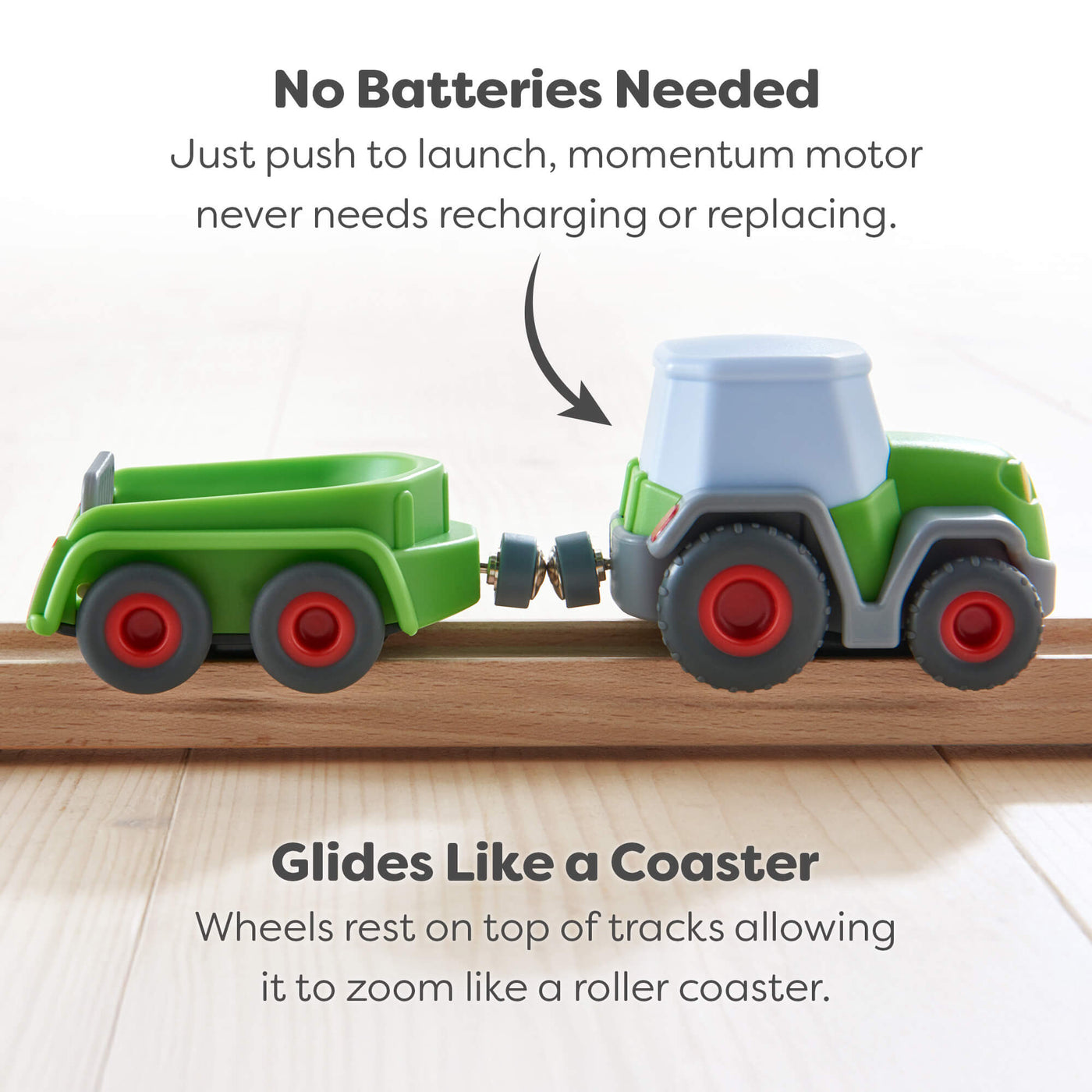 Toy tractor and trailer set on tracks with text explaining no batteries needed and coasting action.