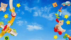 A vibrant and playful arrangement of children's toys against a clear blue sky with scattered white clouds.