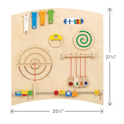 Wood Sensory Learning Wall Panel with 25.5 by 27.5 inch measurements indicated