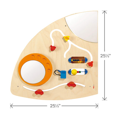Wood Sensory Learning Wall Panel with 25.5 by 25.5 inch measurements indicated