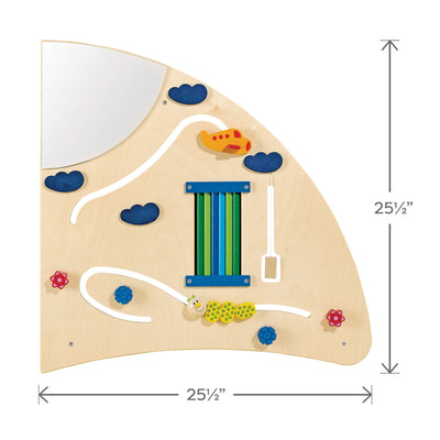 Wood Sensory Learning Wall Panel with 25.5 by 25.5 inch measurements indicated