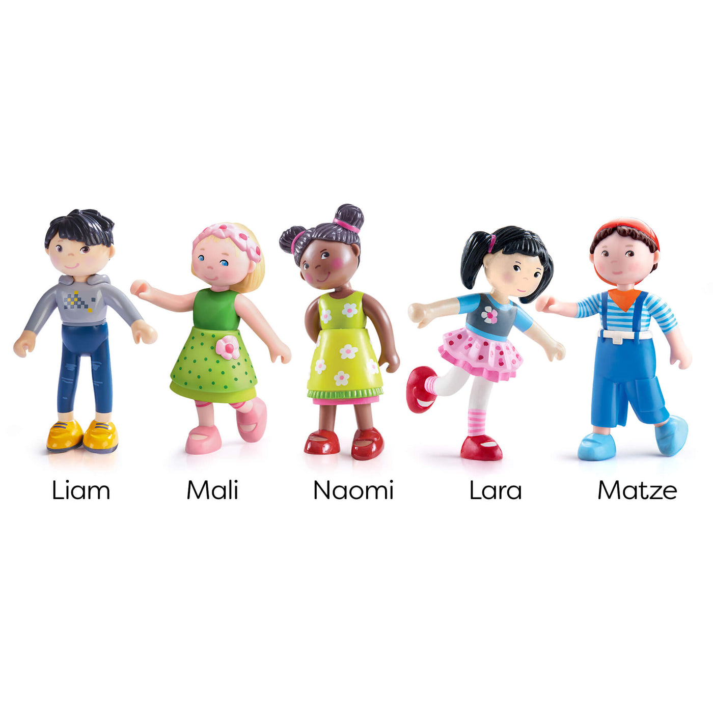 Five Little Friends toy figures labeled Liam, Mali, Naomi, Lara, and Matze on a white background.
