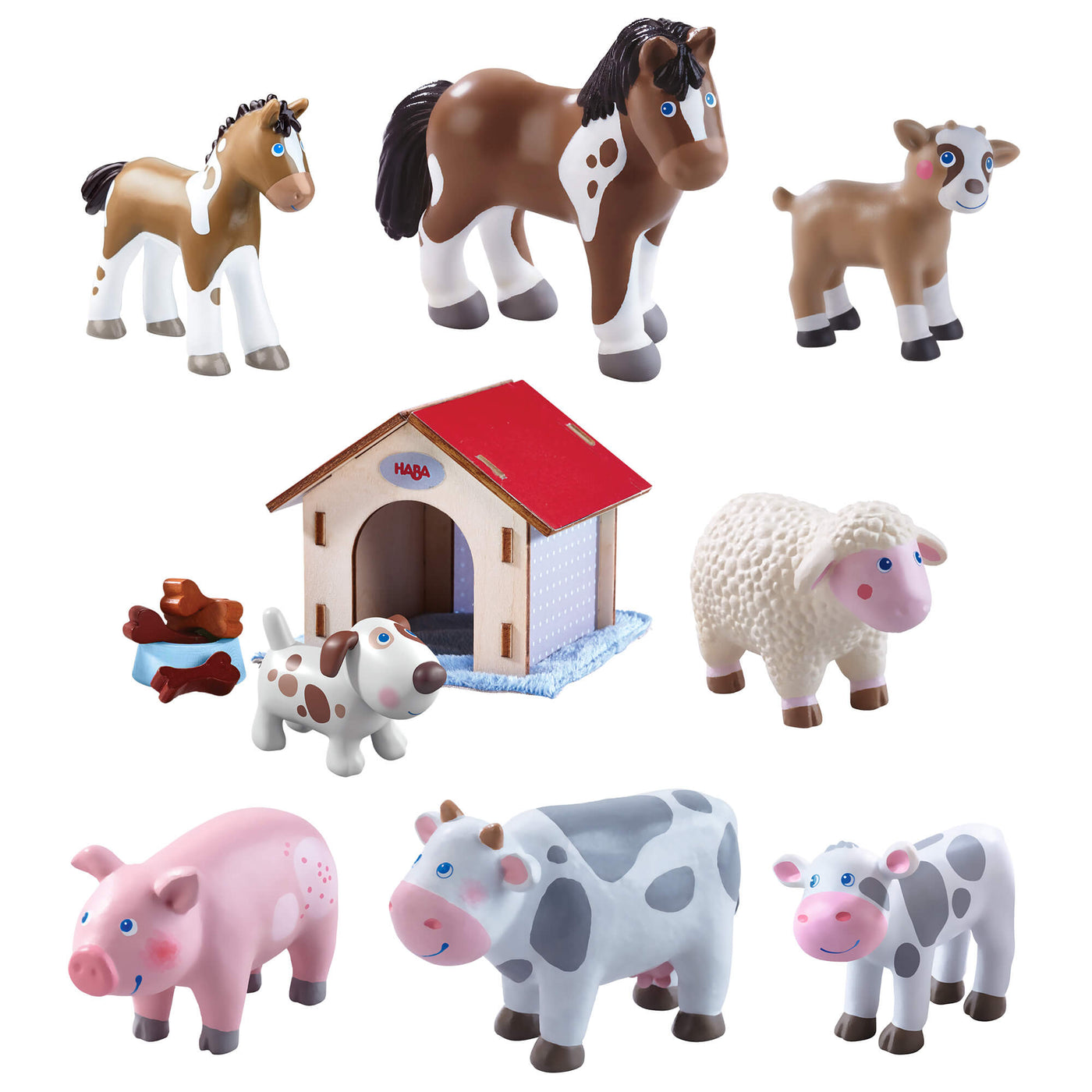 Set of Little Friends farm animal figurines including dog and doghouse, cows, pig, sheep, and horses on a white background