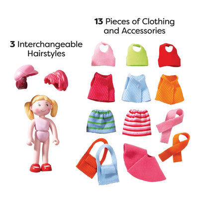 Little Friends Feli with Accessories includes 3 interchangeable hairstyles and 13 pieces of clothing and accessories