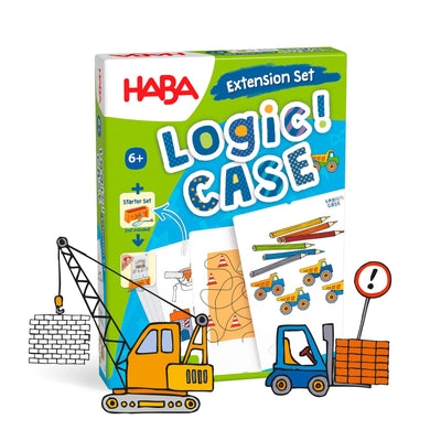 HABA Logic! CASE Expansion Set box with illustrated crane and forklift