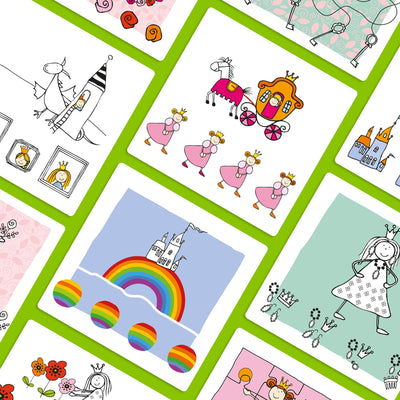 Logic! CASE Expansion Set - Princesses cards depicting a princess in a horse-drawn carriage above 4 smiling princesses and a castle atop a rainbow above 4 rainbow patterns