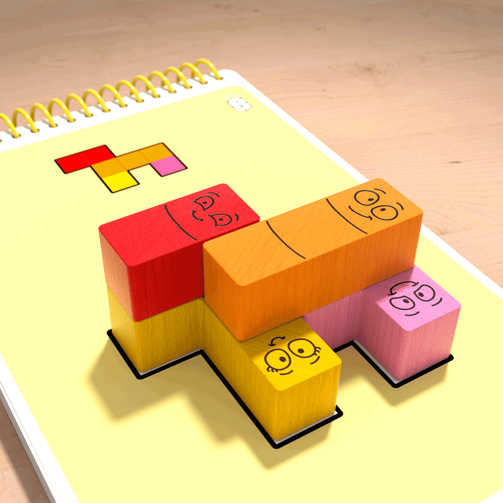 Animation of wooden worm shape stacking on 3 other worms on the template