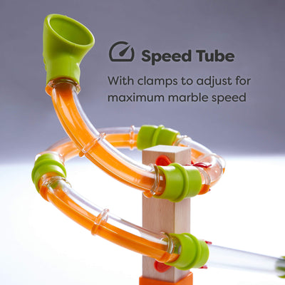 Speed tube with clamps to adjust for maximum marble speed in Marble Run Funnel Jungle Starter Set 