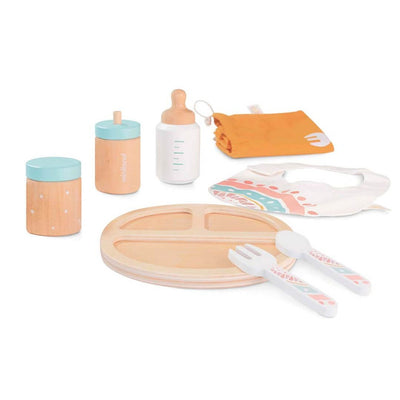 A beautifully crafted wooden doll feeding set by Miniland, made from FSC-certified sustainable wood. Includes a plate, utensils, baby bottle, food jar, bib, and washcloth in soft, natural tones.