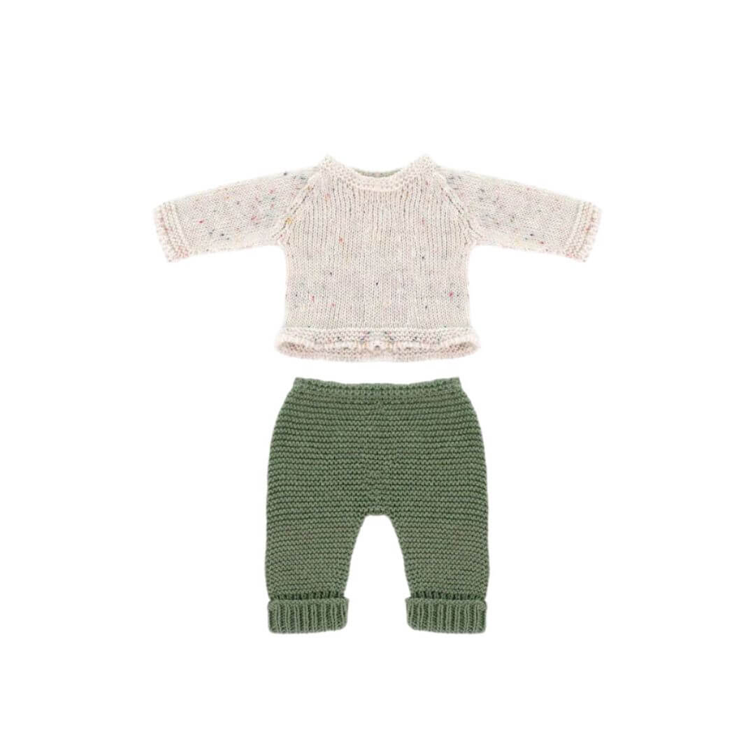 Knit doll sweater and pants set for 12-inch Miniland dolls, featuring a cream speckled sweater and forest green pants made from recycled materials.