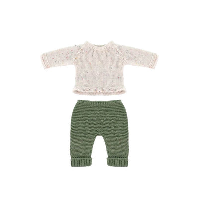Knit doll sweater and pants set for 12-inch Miniland dolls, featuring a cream speckled sweater and forest green pants made from recycled materials.
