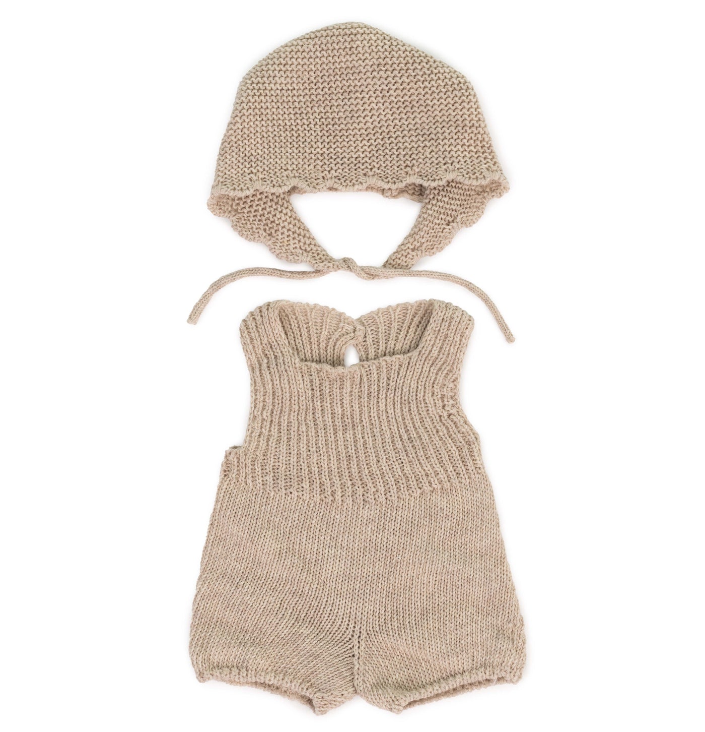 A 2-piece outfit made from recycled materials. Includes a soft romper and matching bonnet in a natural shade for a handmade look.