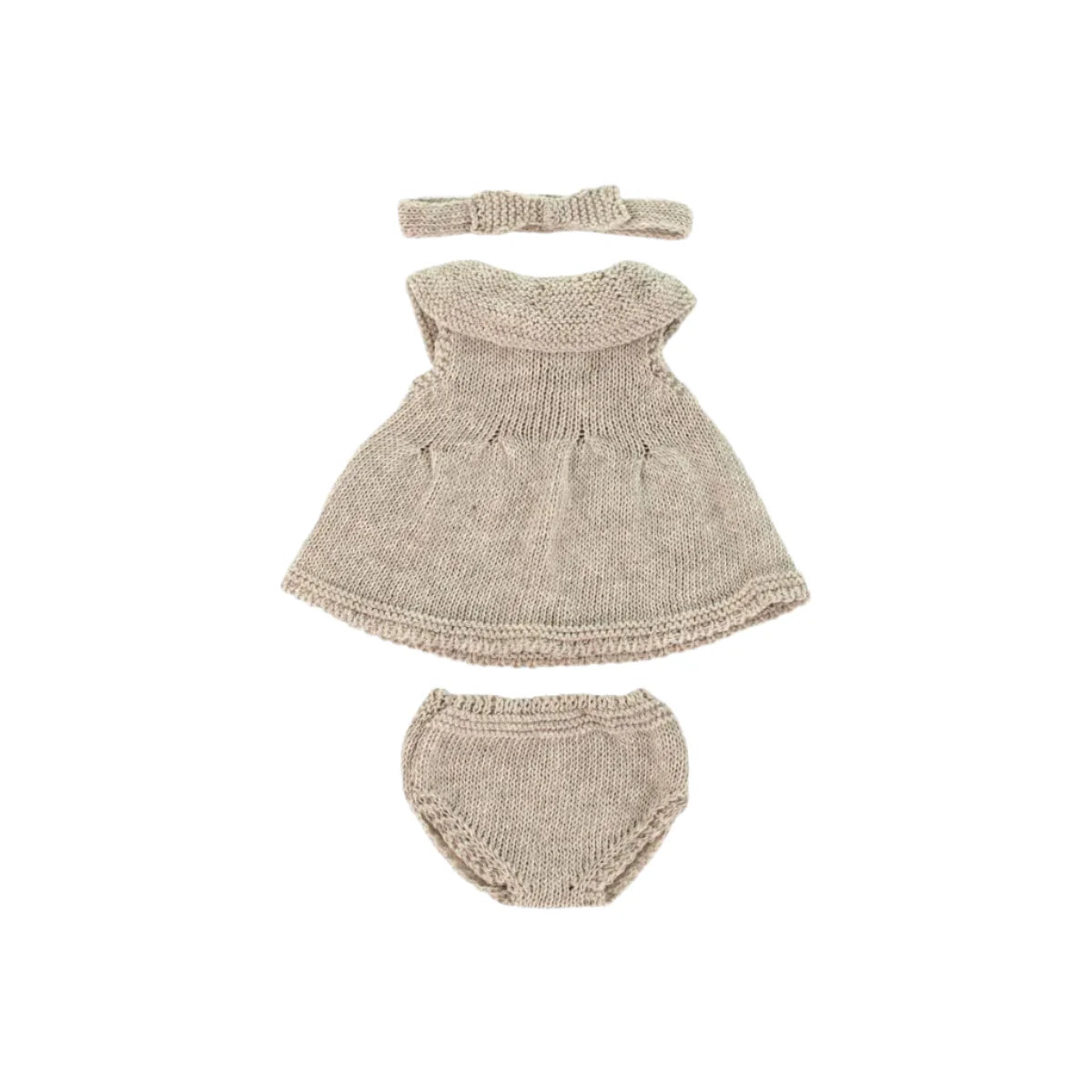A knitted 3-piece outfit for a 12-inch newborn Miniland doll, featuring a soft beige dress, matching bloomers, and a coordinating headband, made from recycled materials for an eco-friendly and handmade look.